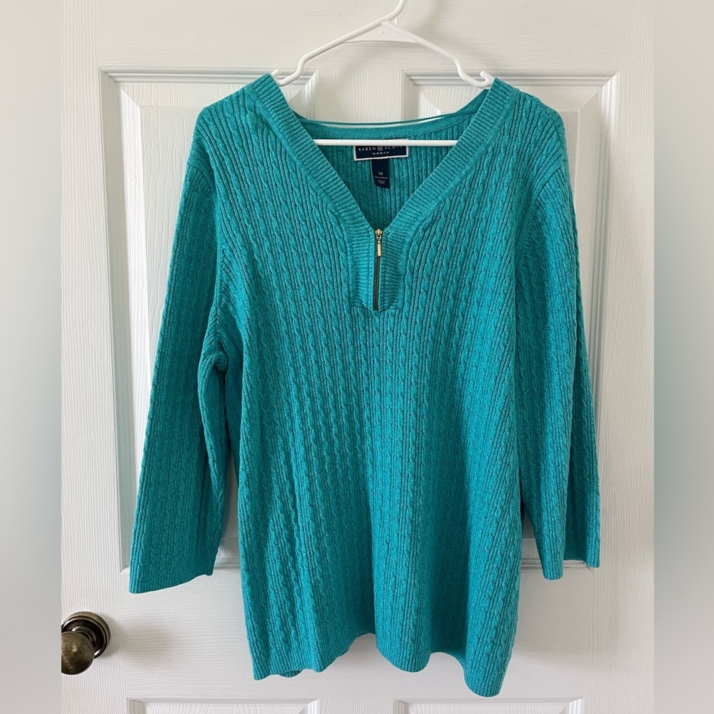 Karen Scott Teal Cable-Knit V-Neck Sweater with Zip